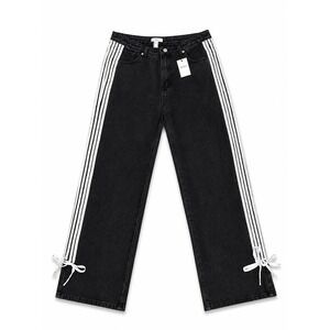 Forever 21 Womens Wide Leg Side Stripe Bow Jeans Black White Size 30 NWT